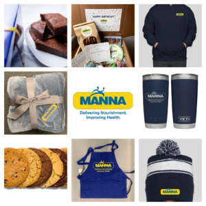 9 images in a grid, each showing one of the items from the MANNA Shop, with the MANNA logo in the center.
